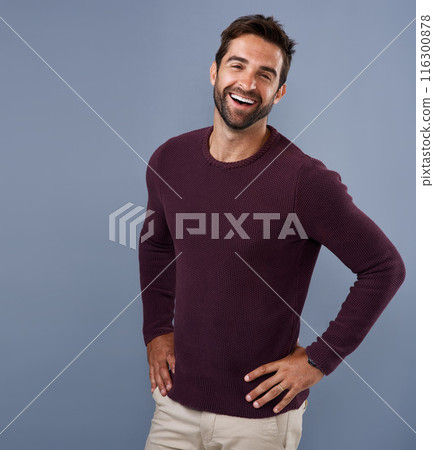 Studio, portrait and laughing of man, confidence and sweater in mockup space, pride and cardigan in winter. Blue background, funny and person in Miami, happy or comfortable in clothes, joy and jersey Studio, portrait and laughing of man, confidence and sweater in mockup space, pride and cardigan in winter. Blue background, funny and person in Miami, happy or comfortable in clothes, joy and jersey 116300878
