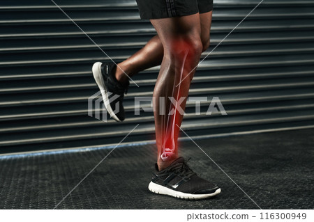 Man, gym and sports with leg injury, accident and medical emergency for pain in training. Athlete, stretching and red glow with muscle sprain in anatomy for workout, exercise and fitness in center Man, gym and sports with leg injury, accident and medical emergency for pain in training. Athlete, stretching and red glow with muscle sprain in anatomy for workout, exercise and fitness in center 116300949
