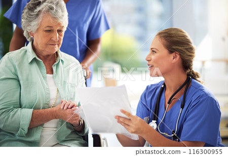Documents, senior woman and doctor for discussion in hospital, medical results or treatment with health insurance. Medic, patient and wheelchair for paperwork, history or evaluation of information Documents, senior woman and doctor for discussion in hospital, medical results or treatment with health insurance. Medic, patient and wheelchair for paperwork, history or evaluation of information 116300955