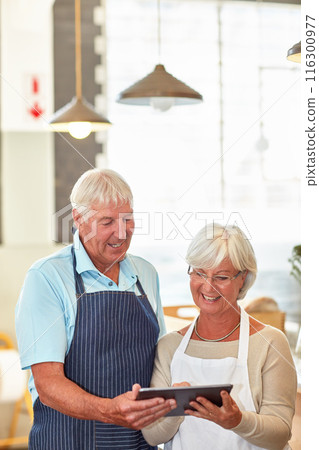 Senior couple, tablet and business owner with planning, working and coffee shop with manager. Digital, entrepreneur and elderly people with website and talking at cafe and store with staff and tech Senior couple, tablet and business owner with planning, working and coffee shop with manager. Digital, entrepreneur and elderly people with website and talking at cafe and store with staff and tech 116300977