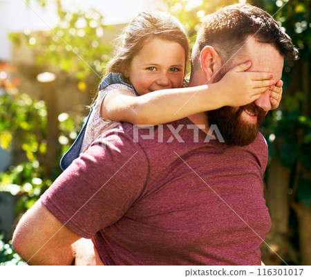 Dad, child and cover eyes in garden with peekaboo, smile and piggy back on outdoor adventure with weekend game. Happy portrait, father and girl in backyard together with support, playing and surprise Dad, child and cover eyes in garden with peekaboo, smile and piggy back on outdoor adventure with weekend game. Happy portrait, father and girl in backyard together with support, playing and surprise 116301017