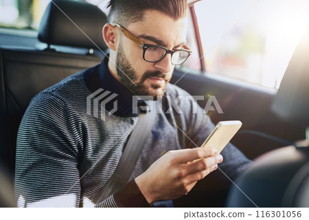Businessman, cellphone and taxi or car for travel, conversation and communication or email. Connection, online reading and networking with technology for stock market and driving to work for career 116301056