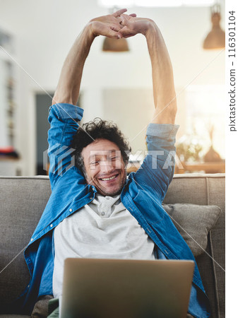 Stretching, relax and happy man on laptop in living room for freedom, finish or complete project in home. Peace of mind, computer and person on sofa for calm or freelancer resting on break in house Stretching, relax and happy man on laptop in living room for freedom, finish or complete project in home. Peace of mind, computer and person on sofa for calm or freelancer resting on break in house 116301104