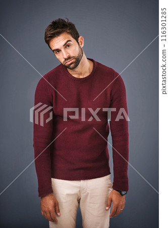 Studio, employee and portrait of man, sad and bored in sweater, serious and thinking of career as journalist. Gray background, entrepreneur and person in jersey, unhappy and tired of business 116301285