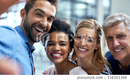 Business people, selfie and smile in portrait at startup with group, diversity and solidarity in workplace. Men, women and teamwork with photography, memory or excited for creativity in modern office 116301306