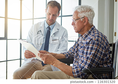 Doctor, man and wheelchair with document for consultation, report or medical review in hospital. Medic, clipboard and person with disability in clinic for healthcare history, check and rehabilitation 116301320