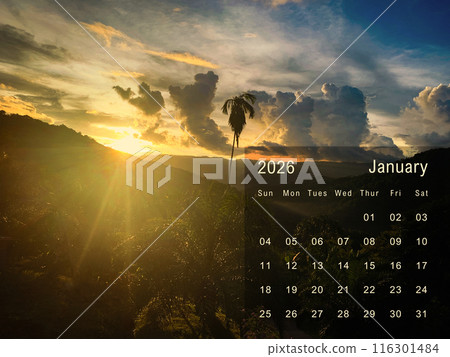 January 2026 Calendar with wonderful shining sunset view with mountain and hill background. Calendar and Nature beauty concept 116301484