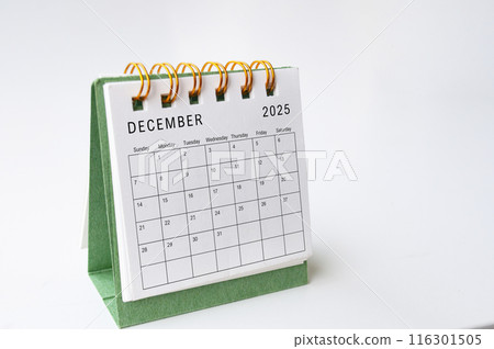 December 2025 table calendar on white background with customizable space for text 116301505