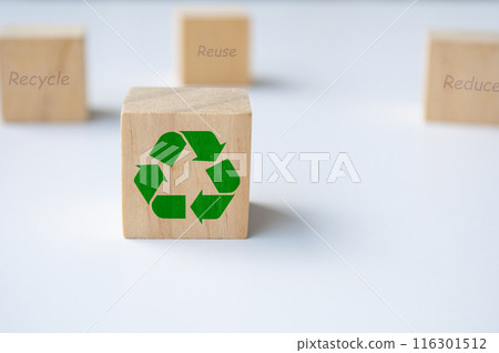 Focus on recycle symbol on wooden cubes with white background 116301512