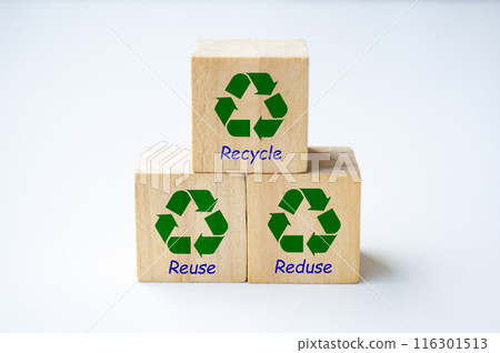 Recycle symbol on wooden cubes with text recycle, reuse and reduce with white cover background 116301513