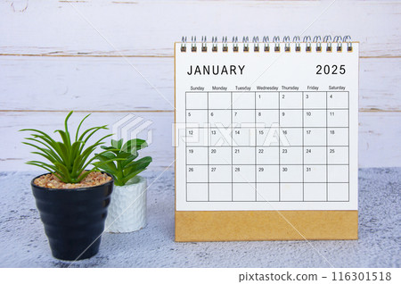 January 2025 calendar with white wooden wall background. New month and calendar concept January 2025 calendar with white wooden wall background. New month and calendar concept 116301518