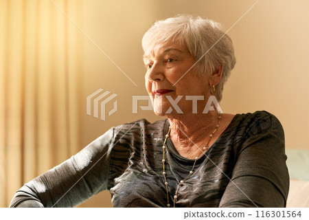 Elderly woman, sad and thinking in home for retirement with depression, mental health and dementia. Senior lady, lonely and thoughtful in bedroom with remember for nostalgia and anxiety for future 116301564