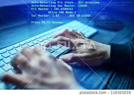 Hands, hacker and cyber security, overlay and website access. Data protection, online cybercrime and code, person with network system for fraud and programming virus for internet web technology 116301639