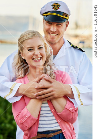 Portrait, couple and love hug with uniform for navy seal, military hero and relationship with support. Man, woman and embrace with marine soldier for happy marriage, goodbye and patriotic service 116301645