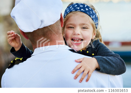 Portrait, happy kid and reunion with father from navy, service and excited on dock. Man, young daughter and hug outdoors for welcome, love and happiness for return from work, deployment and uniform 116301653