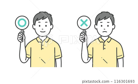 Illustration of a male caregiver raising a circle or cross sign Illustration of a male caregiver raising a circle or cross sign 116301693