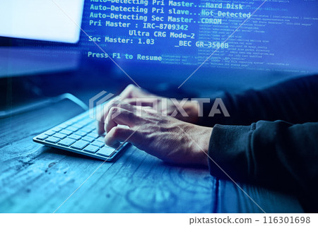 Hacker, hands and cyber security, overlay and website access. Code, data protection and online cybercrime, person with network system for fraud and programming virus for internet web technology 116301698