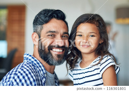 Happy, family and smile portrait with child and dad together with fun and bonding in a new home. Support, father and kid with youth, solidarity and lounge with proud man and care in house with love 116301801