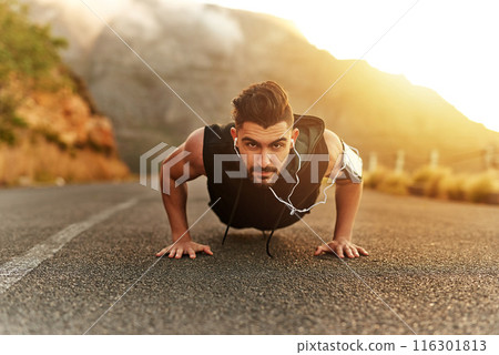 Sunset, man and portrait with pushup and music in countryside for fitness in summer. Mountain, athlete and exercise in nature for wellness and workout with earphones for bodybuilder in Los Angeles 116301813