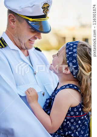 Happy, uniform and father carry child with love relationship, patriotic service and military hero with support. Dad, girl and hug with marine soldier for excited reunion or greeting and navy seal job Happy, uniform and father carry child with love relationship, patriotic service and military hero with support. Dad, girl and hug with marine soldier for excited reunion or greeting and navy seal job 116301874