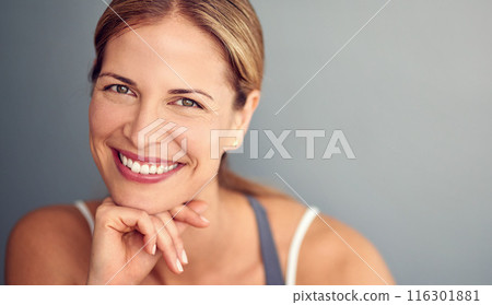 Portrait, smile and woman with fitness, wellness and healthy person on grey studio background. Face, model and athlete with balance, mockup space and exercise with training, progress and challenge 116301881