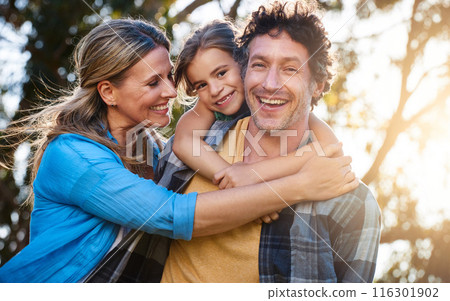 Happy family, hug and piggyback for girl with parents in a park with love, games and fun bonding in nature. Support, playing and people in a forest for back ride, travel and trust on vacation trip Happy family, hug and piggyback for girl with parents in a park with love, games and fun bonding in nature. Support, playing and people in a forest for back ride, travel and trust on vacation trip 116301902