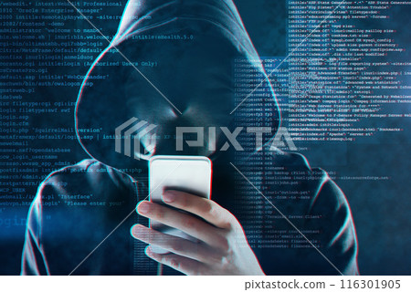 Cyber security, smartphone and hacker, internet web technology and man for online cybercrime. Data protection, secured and website access, programming virus in system and person with hoodie coding 116301905