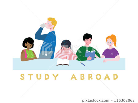 An illustration of a Japanese woman sitting at a desk and studying in a group with her friends from various countries, both white and black, at her school 116302062