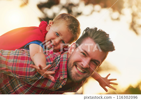 Man, child and piggyback for airplane in portrait for fun, fantasy or development in garden. Young boy, father or playing outside in evening for flying, entertainment or games in backyard for bonding Man, child and piggyback for airplane in portrait for fun, fantasy or development in garden. Young boy, father or playing outside in evening for flying, entertainment or games in backyard for bonding 116302096