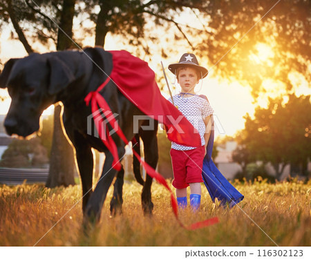 Portrait, dog or child with sheriff costume in garden for adventure, bonding and games outdoor. Animals, pet or boy with Great Dane puppy in park for halloween, fantasy or learning responsibility 116302123