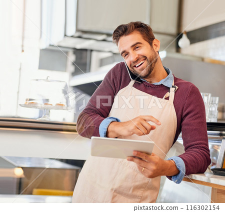 Cafe, phone call and businessman with tablet for coffee shop stock, inventory or ecommerce, payment or delivery service option. Restaurant, smartphone or conversation by waiter or hotel kitchen menu Cafe, phone call and businessman with tablet for coffee shop stock, inventory or ecommerce, payment or delivery service option. Restaurant, smartphone or conversation by waiter or hotel kitchen menu 116302154