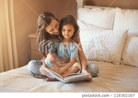 Bed, mom and child with book, reading and bonding for fun, education and love in home. Story, woman and girl together in bedroom for storytelling, learning and relax with care, growth and development 116302167