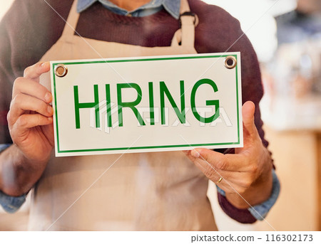 Business, cafe and hands with board for hiring, news and startup job opportunity at a coffee shop. Recruitment, poster and man waiter at restaurant with announcement, message or advertising vacancy Business, cafe and hands with board for hiring, news and startup job opportunity at a coffee shop. Recruitment, poster and man waiter at restaurant with announcement, message or advertising vacancy 116302173