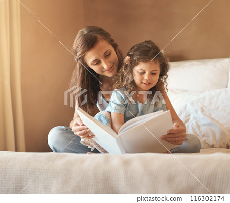 Mom, book and child reading on bed at family home with learning, storytelling and love in the morning. Development, education and youth fairytale with language and literature in bedroom with girl Mom, book and child reading on bed at family home with learning, storytelling and love in the morning. Development, education and youth fairytale with language and literature in bedroom with girl 116302174