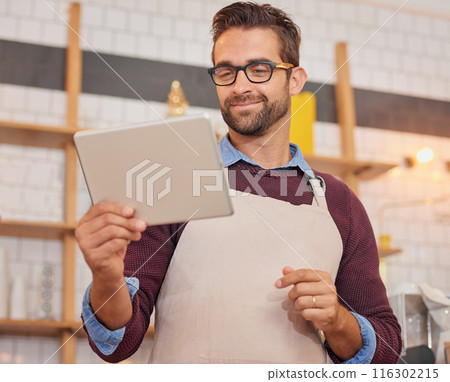 Coffee shop, restaurant and man on tablet for online menu, checking stock and product inventory. Barista, cafeteria and small business owner on digital tech for internet, networking and website order 116302215