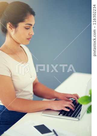 Woman, laptop and profile in office for proposal, planning and employee at desk for digital report. Female person, mockup space and professional for project management, online and web for research Woman, laptop and profile in office for proposal, planning and employee at desk for digital report. Female person, mockup space and professional for project management, online and web for research 116302234