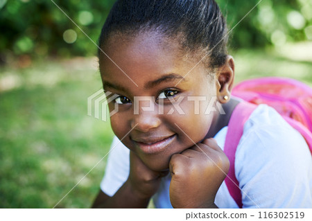 Black girl, portrait and confident at school in outdoor, scholarship and backpack for education. Female person, student study and ready for learning or knowledge, information and child development Black girl, portrait and confident at school in outdoor, scholarship and backpack for education. Female person, student study and ready for learning or knowledge, information and child development 116302519