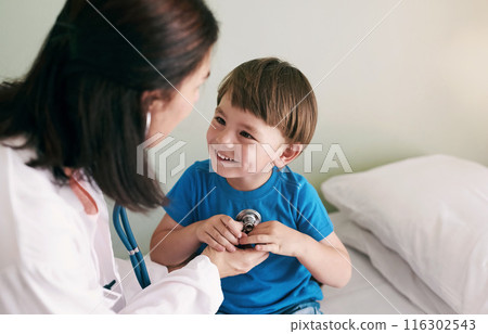 Doctor, stethoscope and child in hospital for healthcare, health and wellness with medical exam. Female pediatrician, assessment and patient in clinic for heart, lungs and cardiology with breathing 116302543