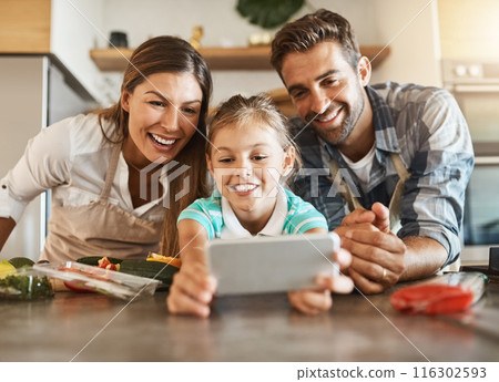 Woman, child and meal prep with phone, online for recipe or ingredients on kitchen counter for dinner. Family, healthy and food or cooking for nutrition, together or bonding for clean eating in home 116302593