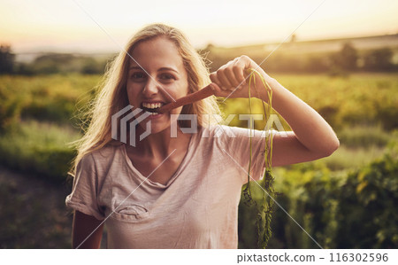 Nature, eating and portrait of woman with carrot on farm for tasting harvest nutrition vegetables. Smile, healthy and female person with crunchy, organic and fresh produce for vitamins in countryside Nature, eating and portrait of woman with carrot on farm for tasting harvest nutrition vegetables. Smile, healthy and female person with crunchy, organic and fresh produce for vitamins in countryside 116302596