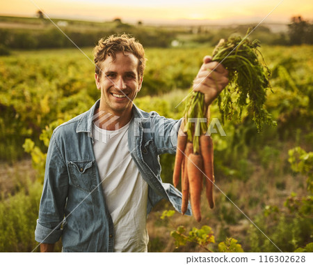 Portrait, farming and man with carrots in nature for agriculture, sustainable and agro harvest growth. Environment, field and male person with organic, fresh and nutrition vegetable in countryside. Portrait, farming and man with carrots in nature for agriculture, sustainable and agro harvest growth. Environment, field and male person with organic, fresh and nutrition vegetable in countryside. 116302628