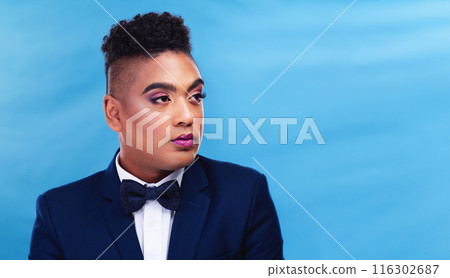 Man, thinking and makeup in studio for fashion, pride and cosmetics with copyspace. Gay male person, idea and sexuality with pride for rouge, lgbt community or transgender identity with style Man, thinking and makeup in studio for fashion, pride and cosmetics with copyspace. Gay male person, idea and sexuality with pride for rouge, lgbt community or transgender identity with style 116302687