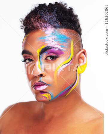 Man, face paint and pride in studio with portrait, abstract and cosmetics on white background. Gay male person, thinking and sexuality with mystery for rouge, lgbt community or transgender identity 116302863
