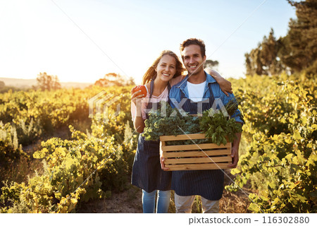 Crate, farm and pepper with portrait of couple outdoor together for organic food, growth or produce. Agriculture, love or smile with man and woman holding box of vegetables for harvest in season 116302880