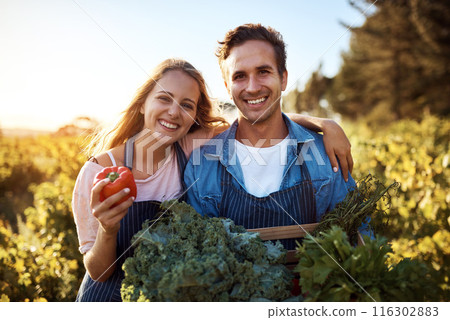 Agro, crate and vegetables with portrait of couple on farm together or organic food, growth or produce. Agriculture, happy or smile with man and woman holding box or harvest, small business or pepper 116302883