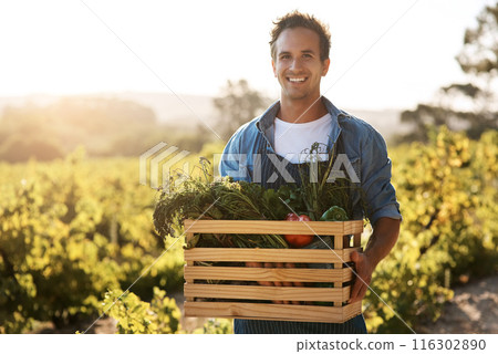Agriculture, box and portrait with man on farm for agribusiness, growth or sustainability. Crate, harvest and smile of confident farmer outdoor in field for ecology, grocery market or produce 116302890