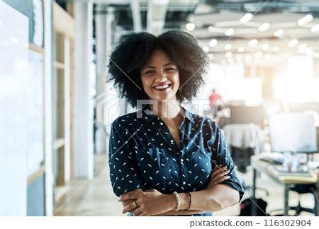 Portrait, smile and business woman with arms crossed for career, job or pride at creative startup company. Face, happy entrepreneur and confident professional employee, worker and editor in Brazil 116302904