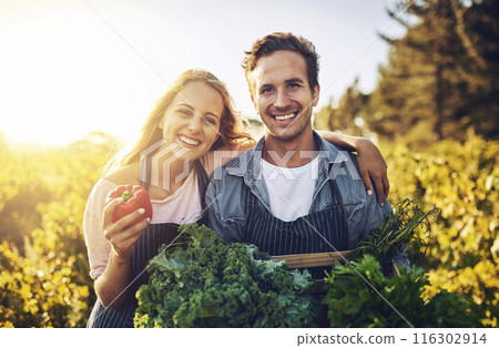 Agriculture, crate and pepper with portrait of couple on farm together for organic food, growth or produce. Happy, love or smile with man and woman holding box of vegetables for harvest in season 116302914
