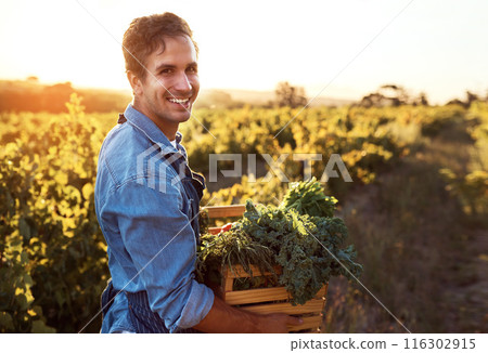 Portrait, farmer and man with ecology, vegetables and agriculture with sunshine, harvest and sustainability. Organic produce, face and guy with fresh food, outdoor or nature with nutrition and plants 116302915