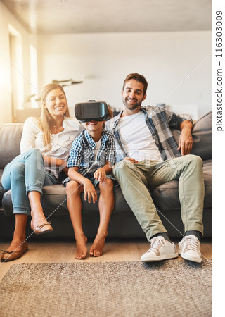 Virtual reality, family and child relax on sofa with headset for futuristic, digital interaction or learning in home. Lens flare, metaverse and kid for simulation, curiosity or education video game 116303009